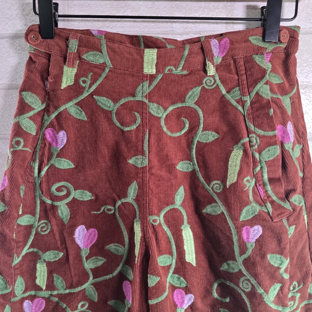 Samantha Pleet Sweet Pea Embroidered Plank Pants Wide Leg Sienna Brown Size 26/8 - Picture 3 of 15
